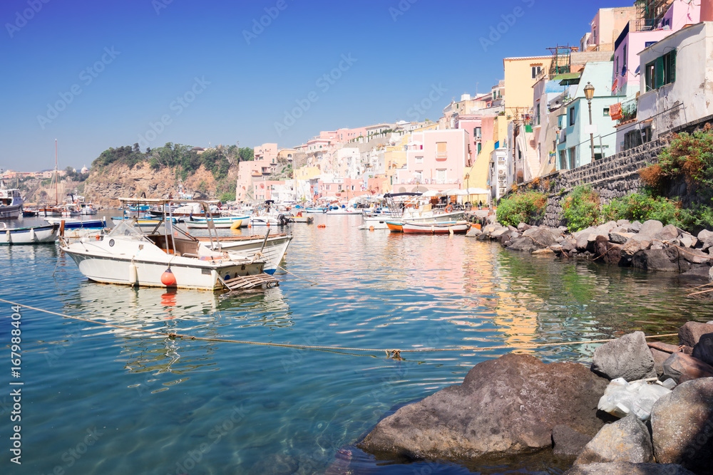 Procida island colorful town with harbor at summer, Italy