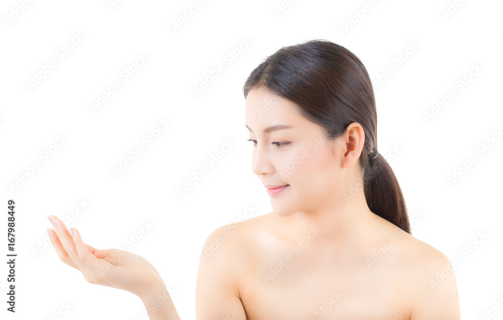 Asian beautiful young woman showing with healthy clean skin presenting something empty copy space on the hand isolated on white background, beauty concept. Asian beautiful young woman showing with healthy clean skin presenting something empty copy space on the hand isolated on white background, beauty concept.