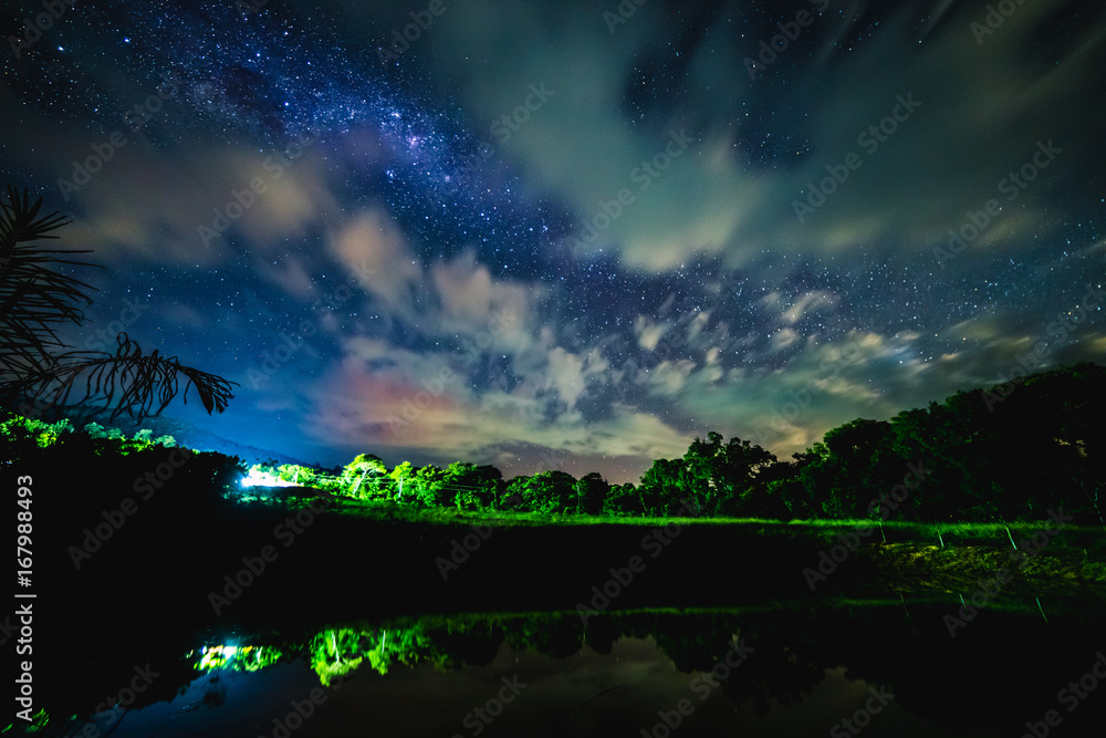 Blue night starry sky above countryside, lake and Green field.  Night view of natural Milky Way glowing stars.
