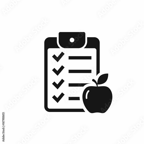 Checklist icon with apple sign. Vector isolated fitness diet symbol