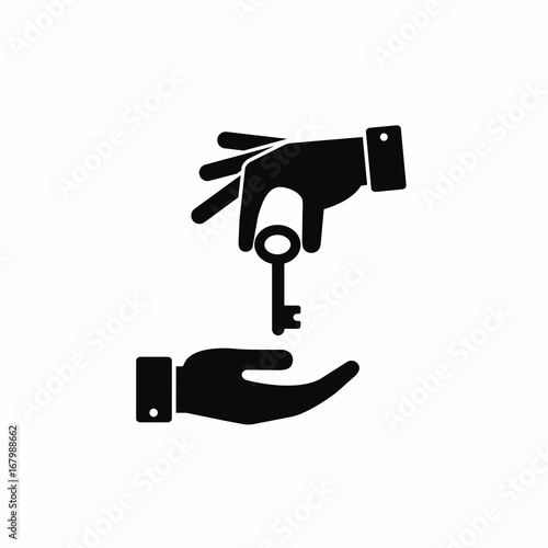 Hand giving a key to other hand icon. Vector black illustration