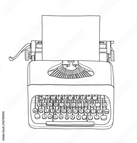 vintage  typewriter portable retro with paper  hand drawn vector line art illustration