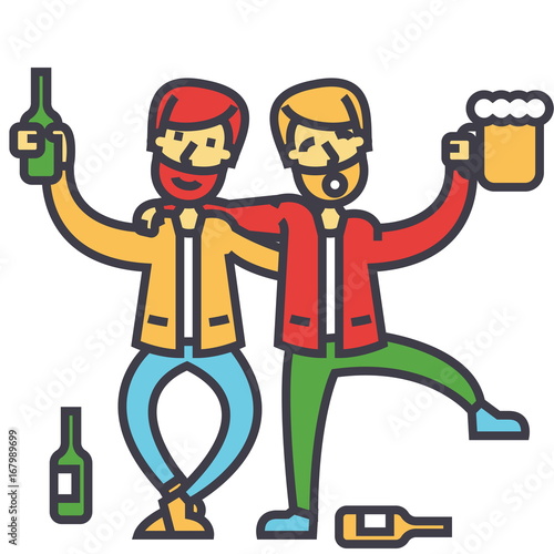 Male alcoholism, drunk people, drunken party, men drinking alchocol concept. Line vector icon. Editable stroke. Flat linear illustration isolated on white background