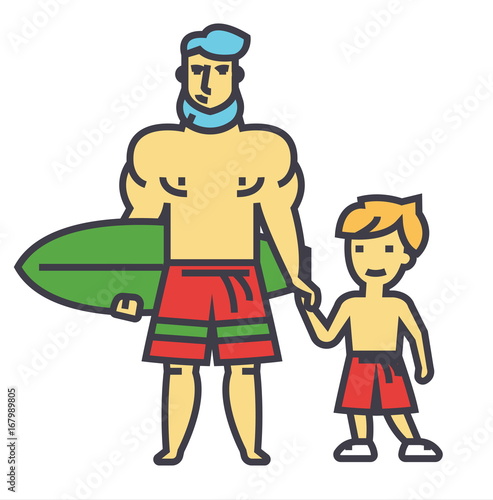 Happy father with son on vacation with surfing board concept. Line vector icon. Editable stroke. Flat linear illustration isolated on white background