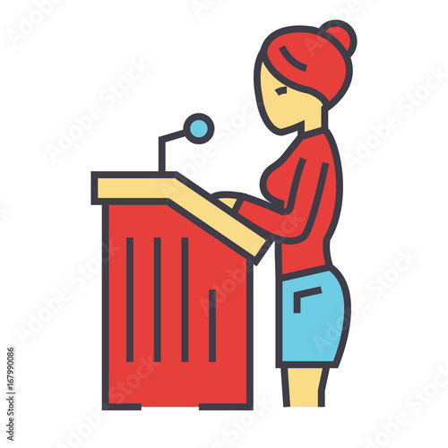 Lawyer woman, speech in court, attorney concept. Line vector icon. Editable stroke. Flat linear illustration isolated on white background