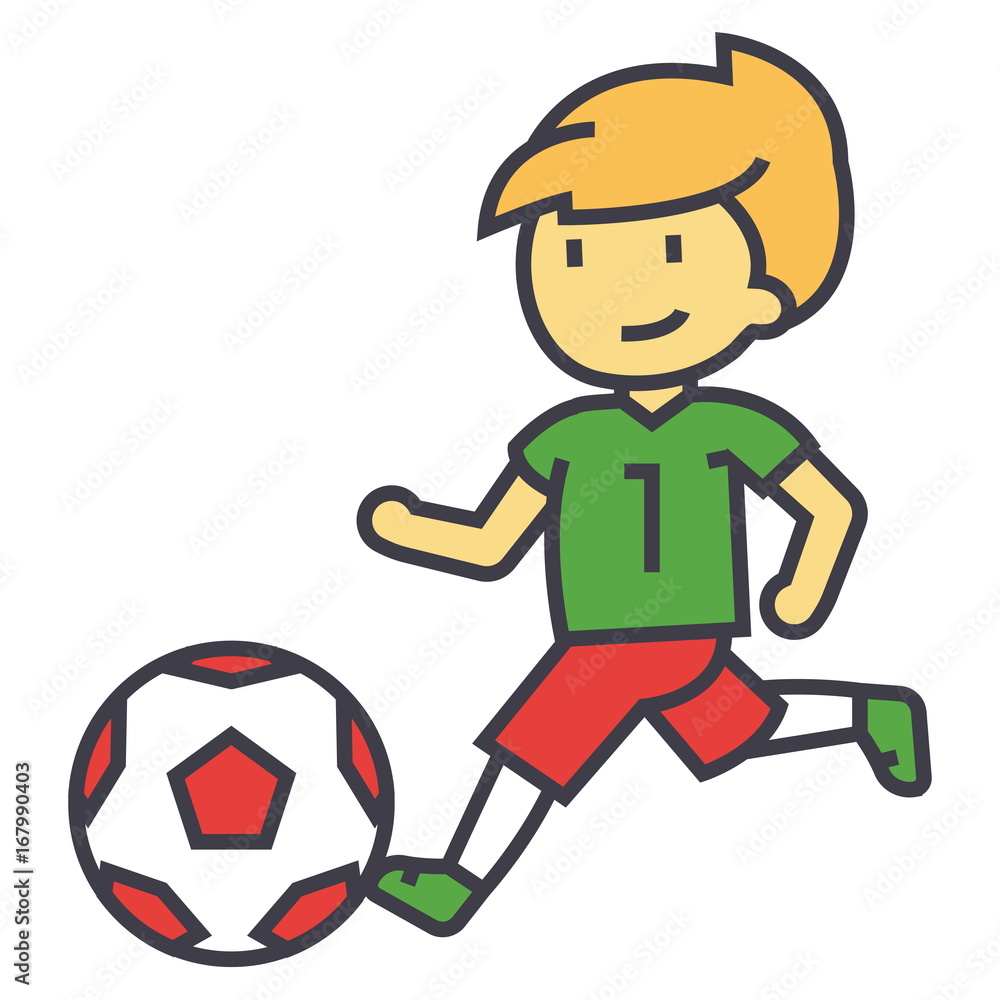 Plakat Piłka nożna, chłopiec bawić się futbolowego pojęcie. Ikona wektor linii. Edytowalny obrys. Płaska liniowa ilustracja na białym tle