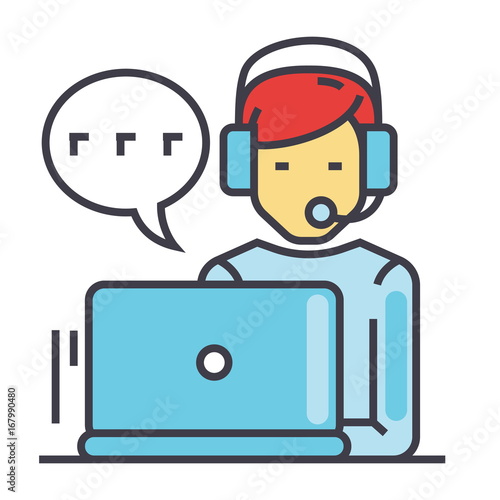 Support  customer service, man with computer and headset, client chat concept. Line vector icon. Editable stroke. Flat linear illustration isolated on white background