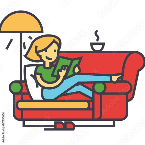 Woman sitting on home sofa reading book with tea and lamp concept. Line vector icon. Editable stroke. Flat linear illustration isolated on white background