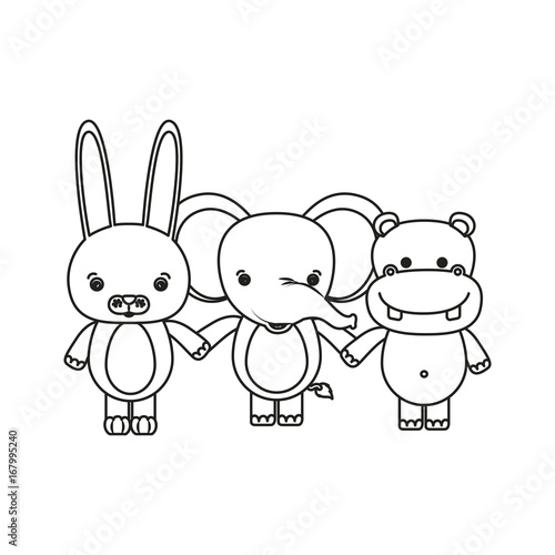 white background with silhouette caricature rabbit elephant and hippopotamus cute animals holding hands