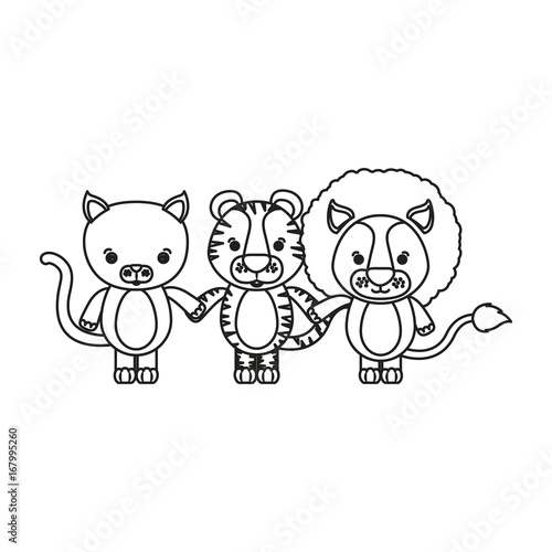 white background with silhouette caricature cat tiger and lion cute animals holding hand