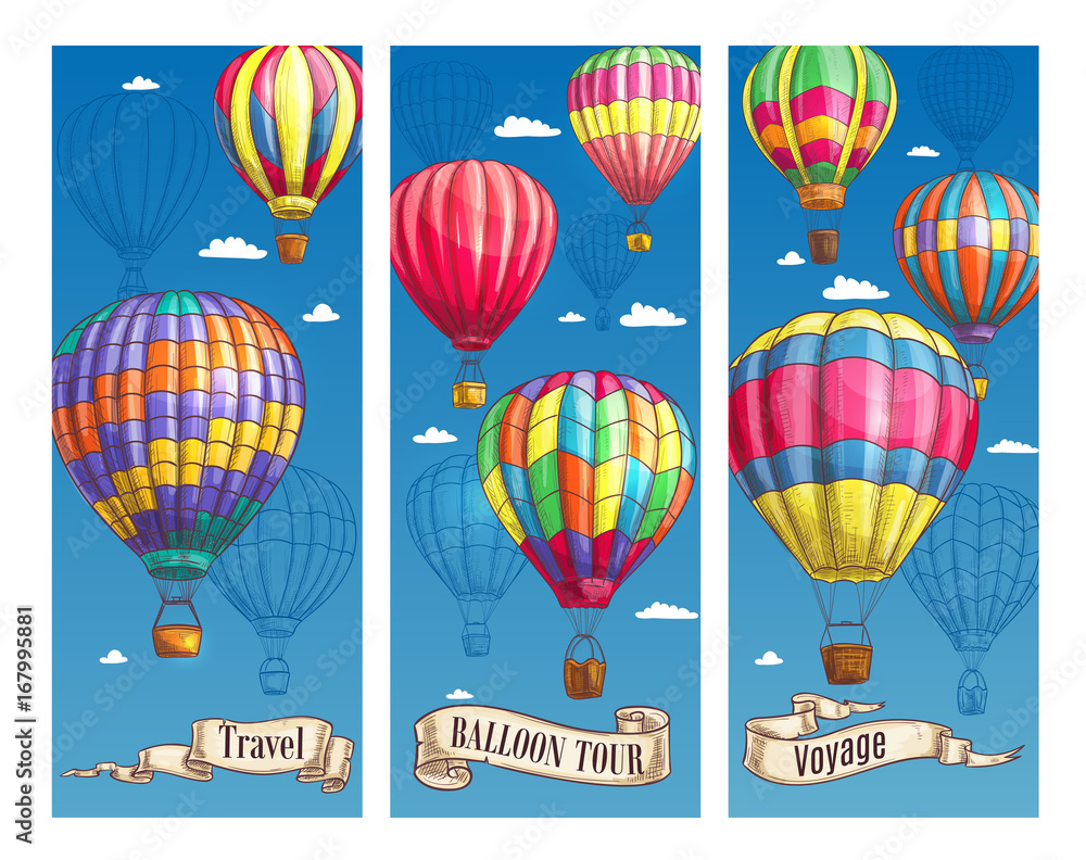 Fototapeta premium Hot air balloon sketch banner for travel design