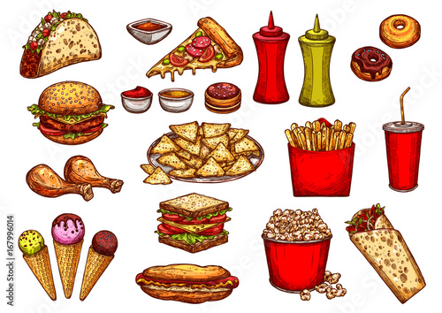Fast food burger, drink and dessert sketch set