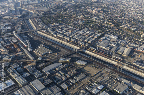Aerial view of the Los Angeles River, downtown Arts District and Boyle Heights in Southern California.