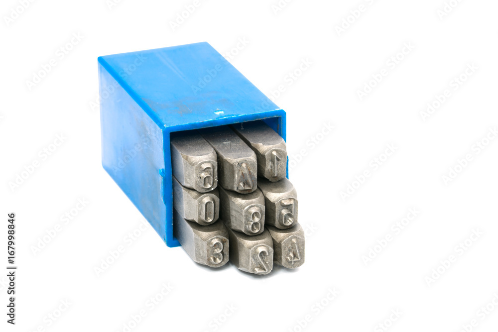 Set of metal stamp number punch in blue plastic box isolated on white background Set of metal stamp number punch in blue plastic box isolated on white background