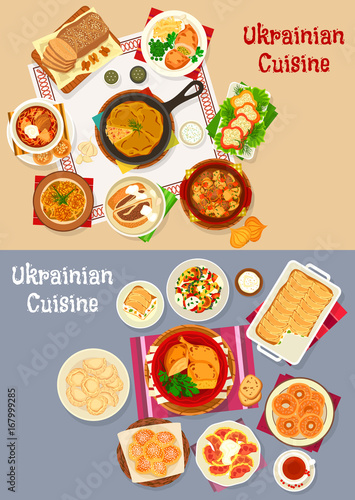 Ukrainian cuisine restaurant dinner icon set design