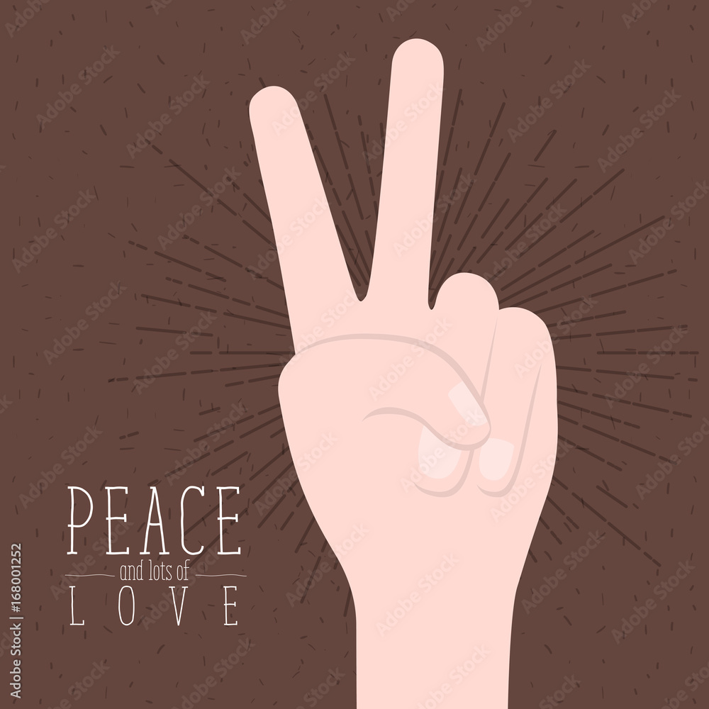 Fototapeta premium brown poster with sparks and hand victory symbol with linear brightness and text peace and lots of love