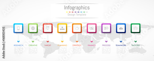 Infographic design elements for your business data with 9 options, parts, steps, timelines or processes. Vector Illustration. World map of this image furnished by NASA