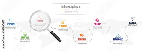 Infographic design elements for your business data with 8 options, parts, steps, timelines or processes and transparent magnifying glass.World map of this image furnished by NASA, Vector Illustration