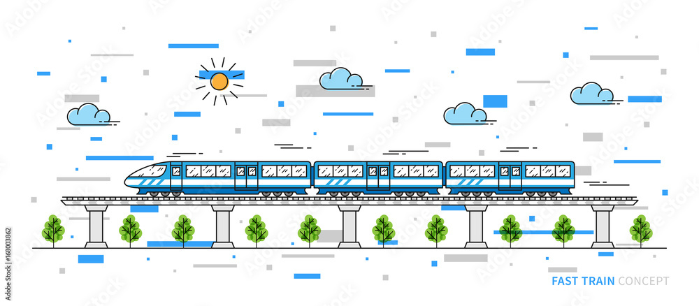 Fast train vector illustration with colorful elements. Train line art concept. The locomotive on the rails graphic design.
