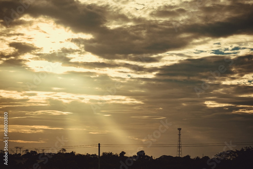 Silhouette, Antenna of cellular and communication system tower with the blue sky and cloud