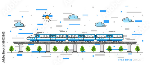 Fast train vector illustration with colorful elements. Train line art concept. The locomotive on the rails graphic design.
