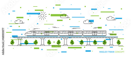 Maglev rail train vector illustration with colorful elements. Electric fast train line art concept. Monorail subway with magnet levitation technology graphic design.
