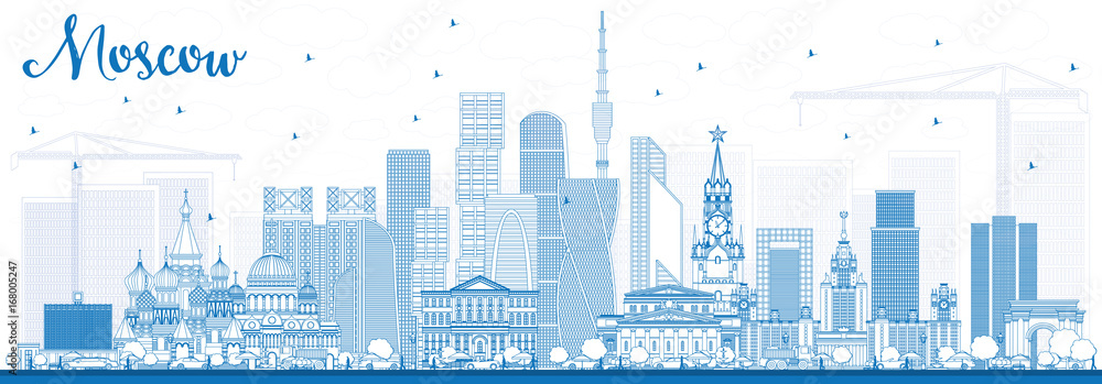 Outline Moscow Russia Skyline with Blue Buildings.