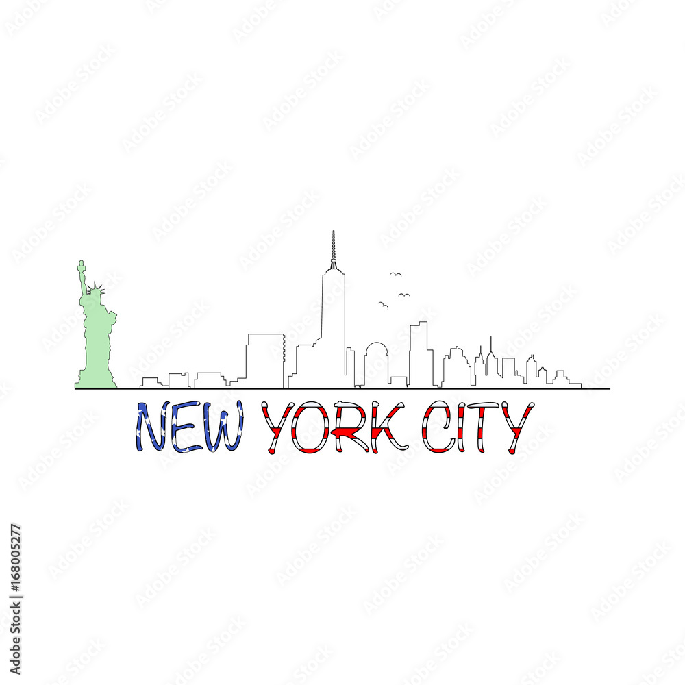 Manhattan skyline with Statue Of Liberty and New York City text shaped usa flag 