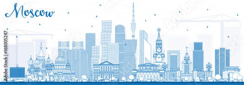 Outline Moscow Russia Skyline with Blue Buildings.