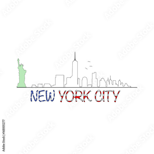 Manhattan skyline with Statue Of Liberty and New York City text shaped usa flag 
