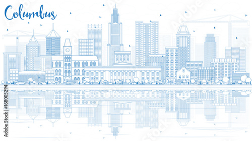 Outline Columbus Skyline with Blue Buildings and Reflections.