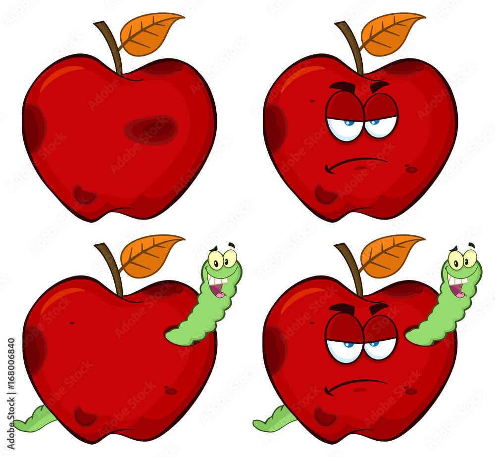Happy Worm In A Grumpy Rotten Red Apple Fruit Cartoon Mascot Characters  Series Set 1. Collection Isolated On White Background Stock Vector | Adobe  Stock