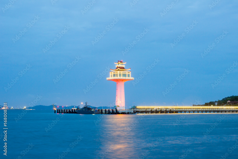 Chinese style lighthouse and twilight sky at Koh Sichang,Chonburi province,Thailand.