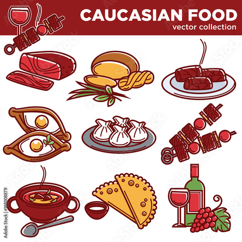 Caucasian food dishes traditional cuisine vector icons for restaurant menu