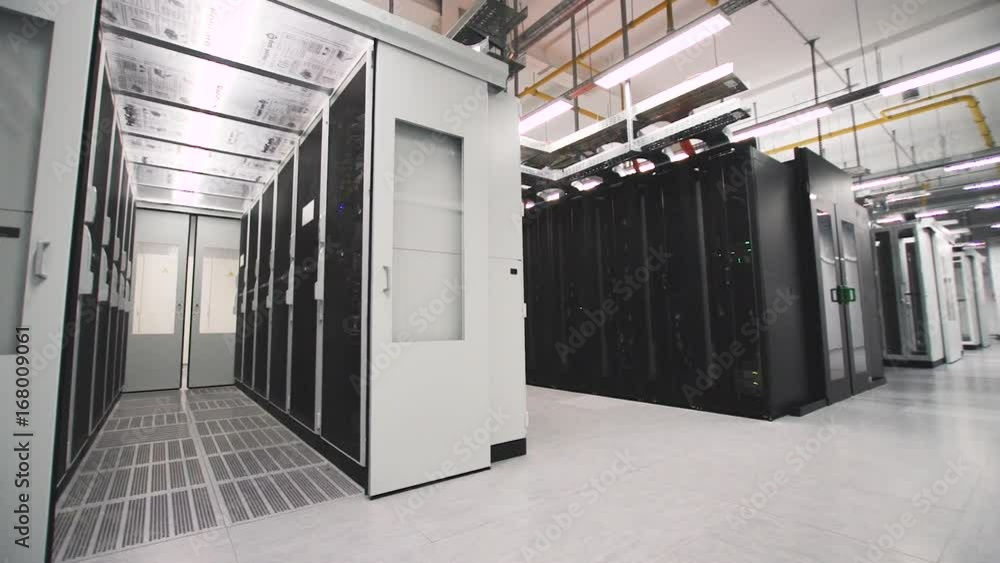 Modern server room with equipment racks multiple video clips set showing detailed views during operation for technology and data center infrastructure