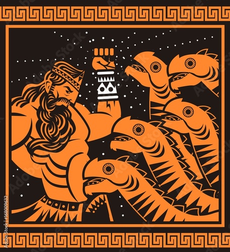 hercules heracles fighting hydra heads mythology monster old vintage painting
