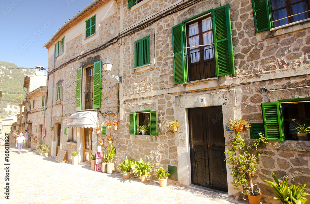 Beautiful street in Valldemossa, famous old mediterranean village of Majorca Spain.