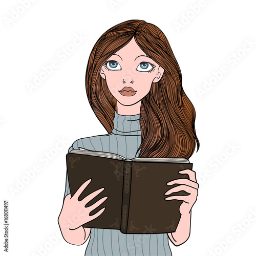 Cute girl reading a book.. Young woman portrait. Vector illustration, isolated on white background.