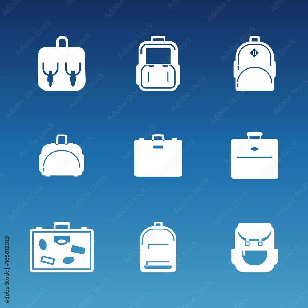 White flat travel bag icons set White flat travel bag icons set