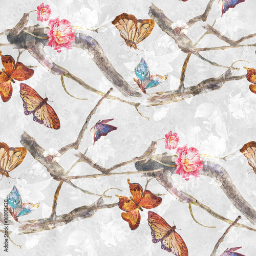 Butterfly wallpaper - Wall mural Watercolor painting of butterfly and flowers, seamless pattern on white background