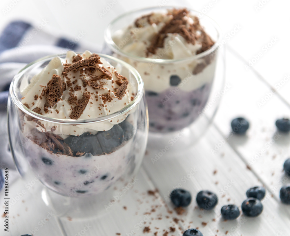Dessert from yogurt with blueberries and chocolate Dessert from yogurt with blueberries and chocolate