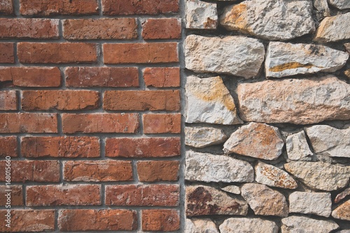Red brick wall and stone wall background of colorful stones with matt film effect