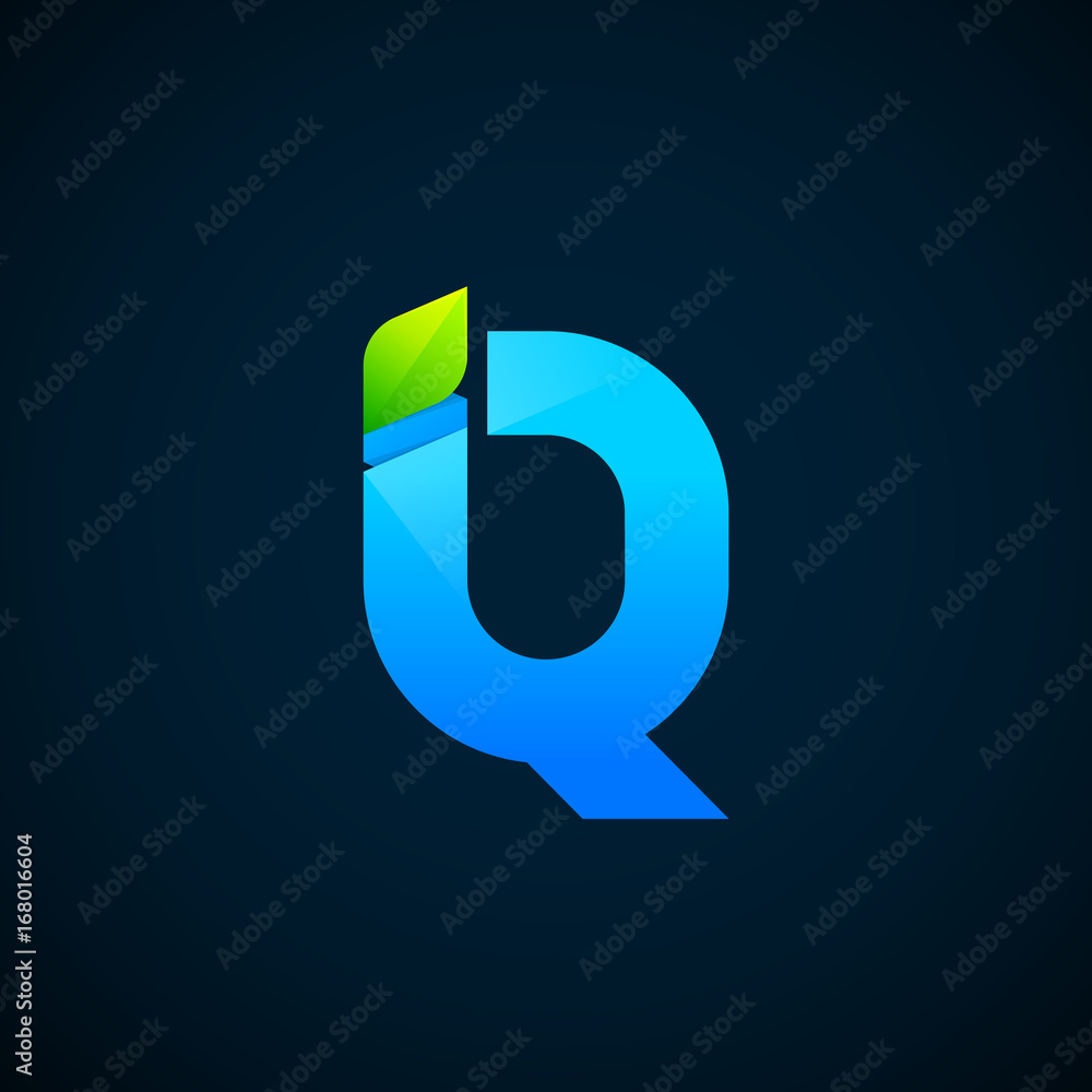 Letter Q with Green leaf and Blue color, Modern glossy logotype, Vector ecology elements for corporate identity Letter Q with Green leaf and Blue color, Modern glossy logotype, Vector ecology elements for corporate identity