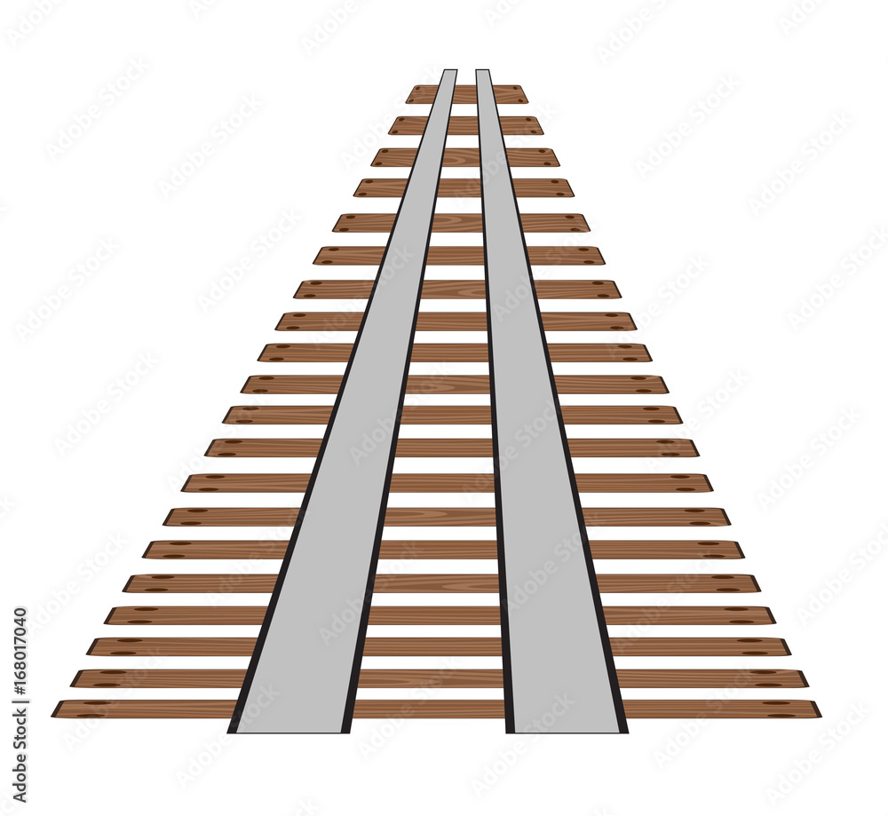 Fototapeta premium Railway tracks or rail road line on white background. Part of straight rail element vector stock illustration