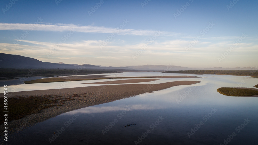 Aerial view over the Uilenkraalsmond estuary just outside Gansbaai in the Overberg region in the Western Cape of South Africa.