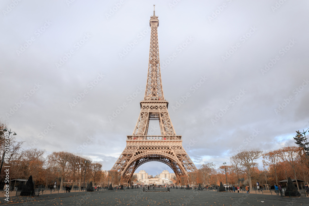 Fototapeta premium PARIS, FRANCE - DECEMBER 11, 2014: Aerial view of Eiffel Tower amoung Avenue Anatole France & Avenue Pierre Loti most visited monument in France and the most famous symbol of Paris