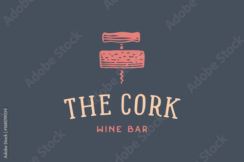 Label of wine bar with corkscrew, and text The Cork, Wine Bar. Logo for bar, cafe, restaurant, food and wine theme. Sign, label, identity, icon, logo for business brand. Vector Illustration