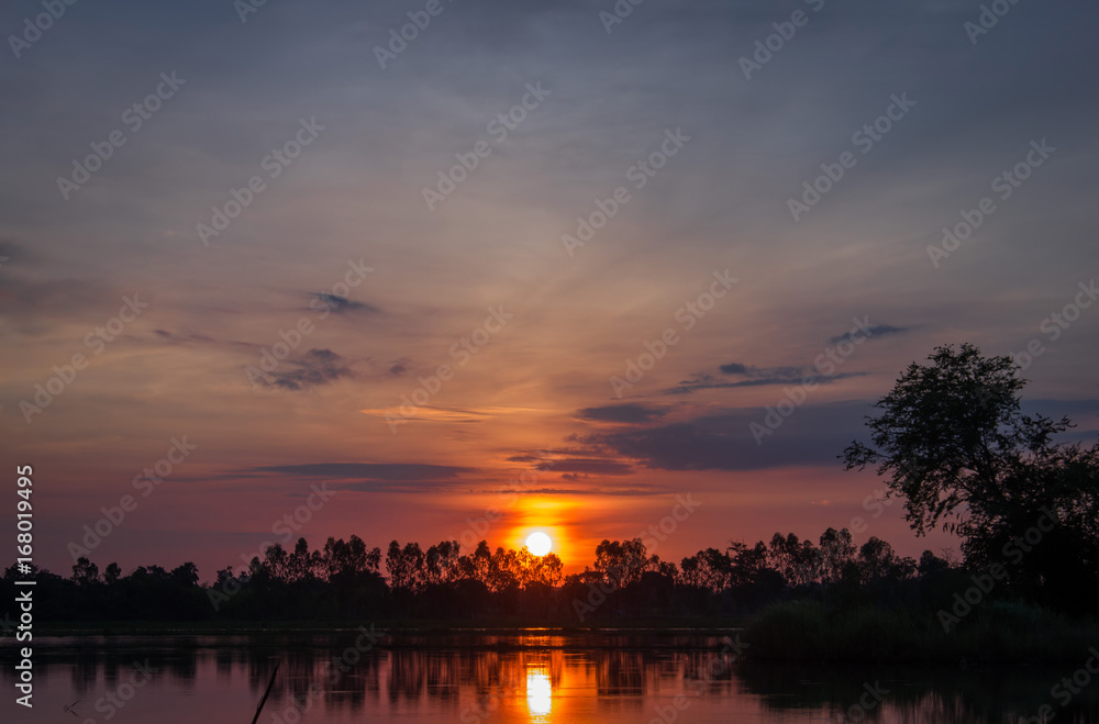 Morning sunrise in the countryside of Thailand. Landscape background.