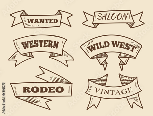 Hand drawn western ribbons. Vintage design elements