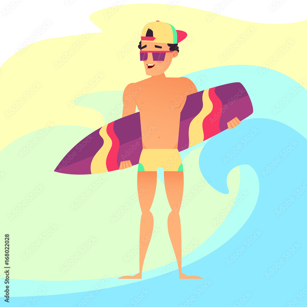 Surfing summer vacation, Surfer guy with surfboard. Cartoon style